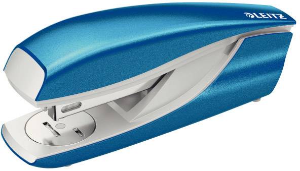 A blue Leitz stapler.