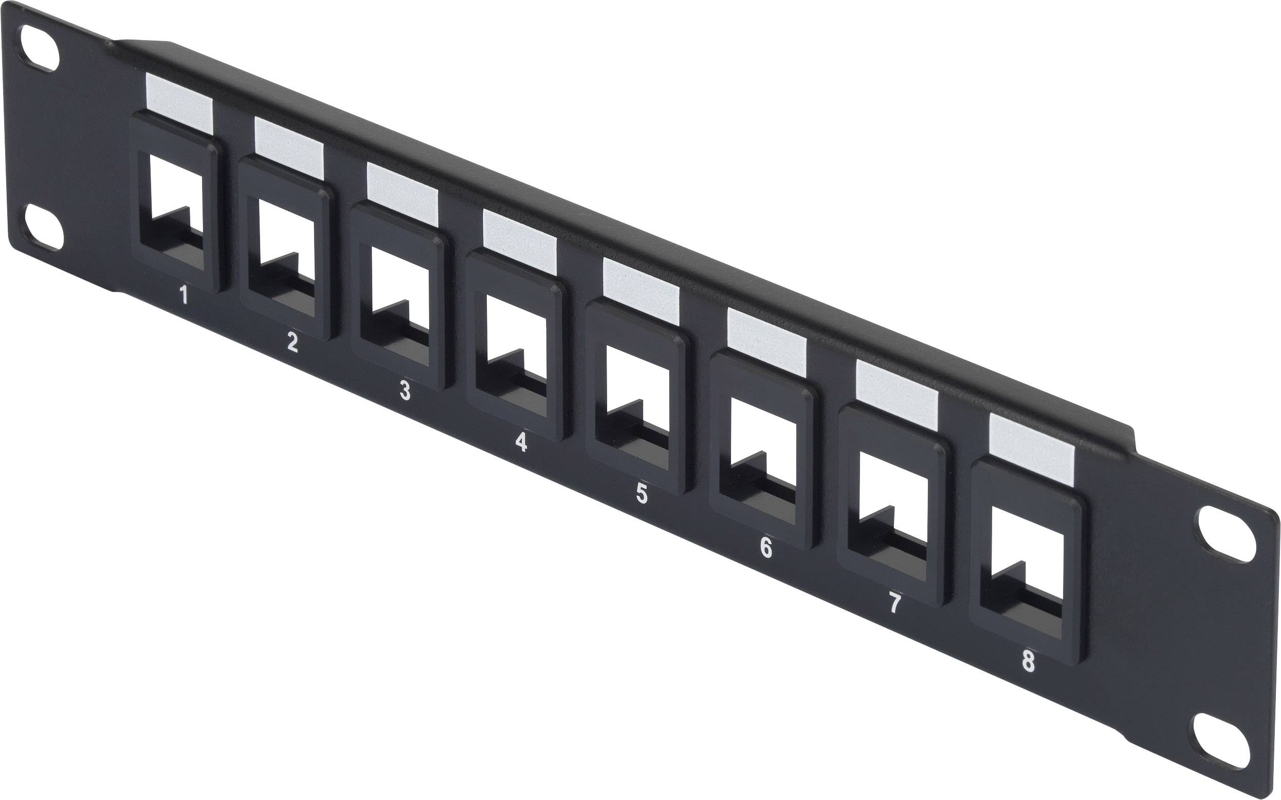 Empty patch panel with 8 numbered ports, black.
