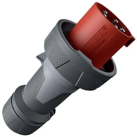 Grey and red electrical plug in cylindrical form, with ribbed grip for improved handling.
