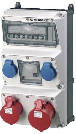 Multiple socket box with blue and red sockets, suitable for industrial applications, secured with four switches on top.