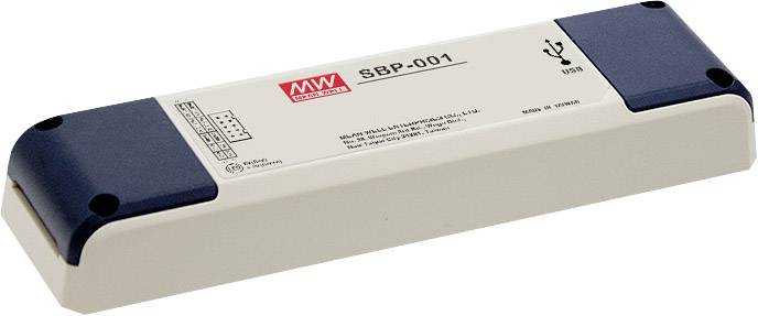A USB device in a rectangular shape with the inscription 'SBP-001'. It has red and blue markings and is positioned on a white surface.