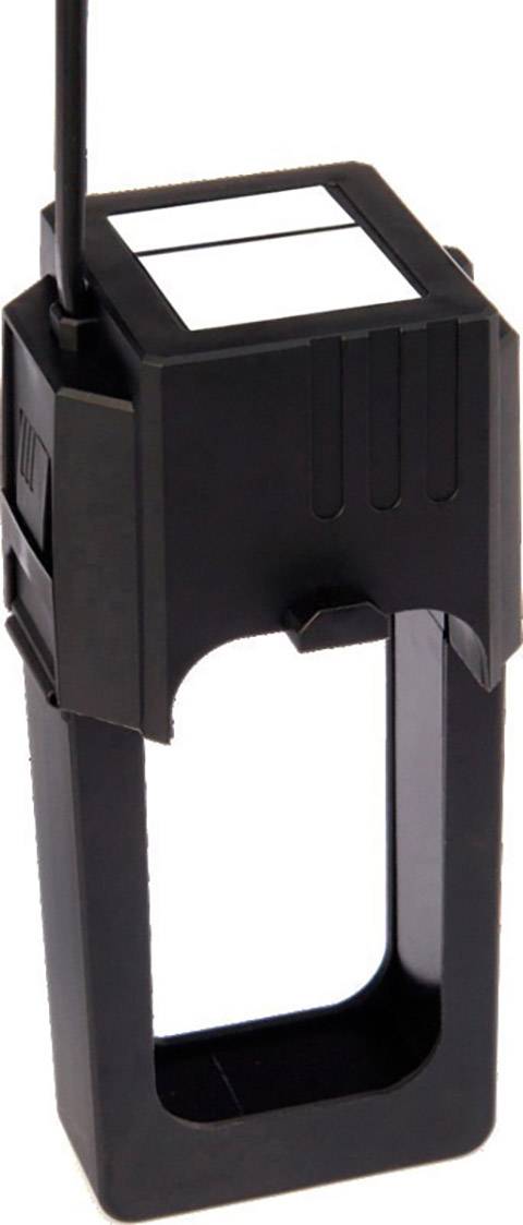 A black rectangular plastic frame with a white label attached at the top. It has no apparent purpose.