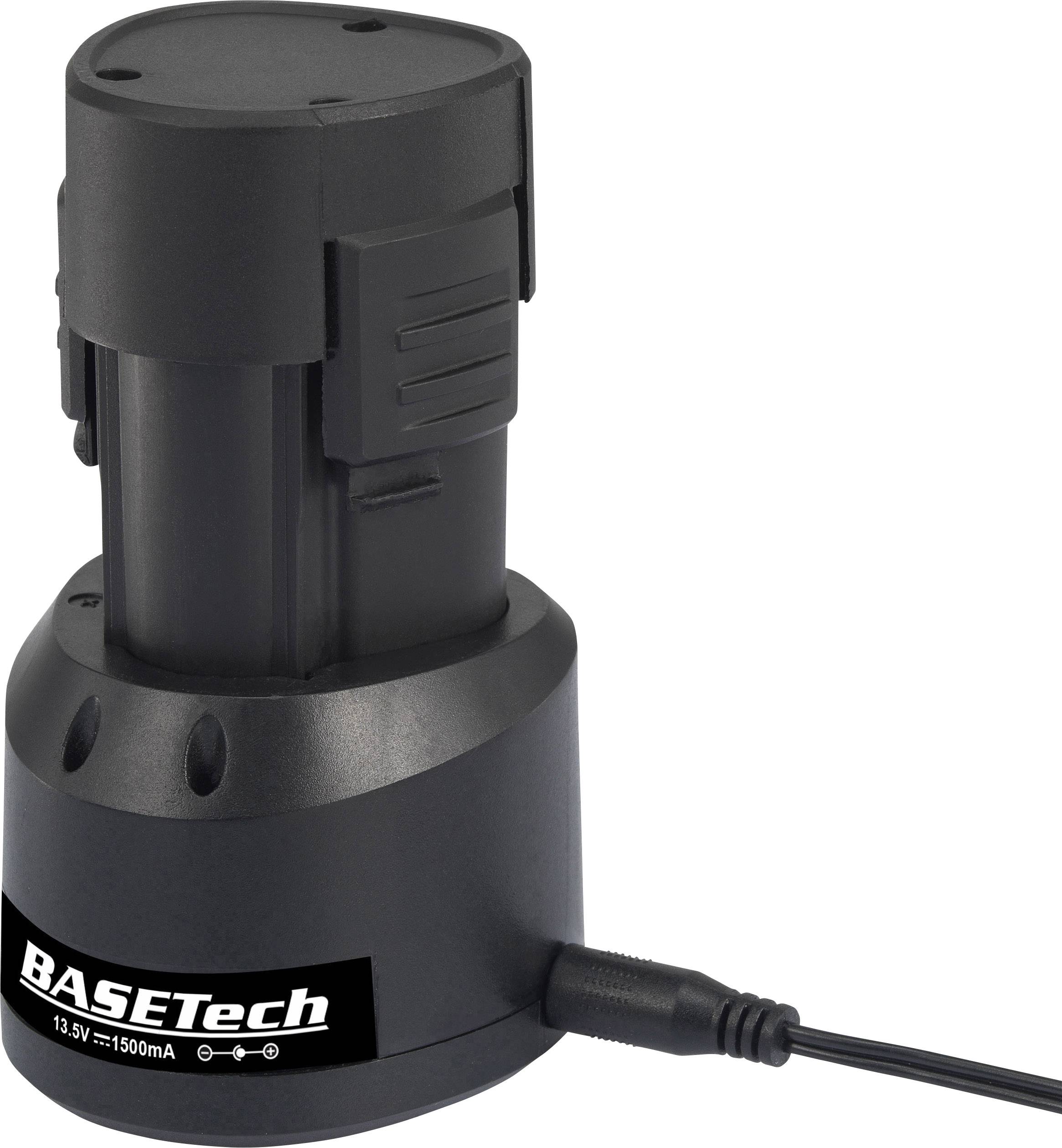 Black charger with battery attached, connected by a cable. Label reads 'BASETech', 13.5V, 1500mA.