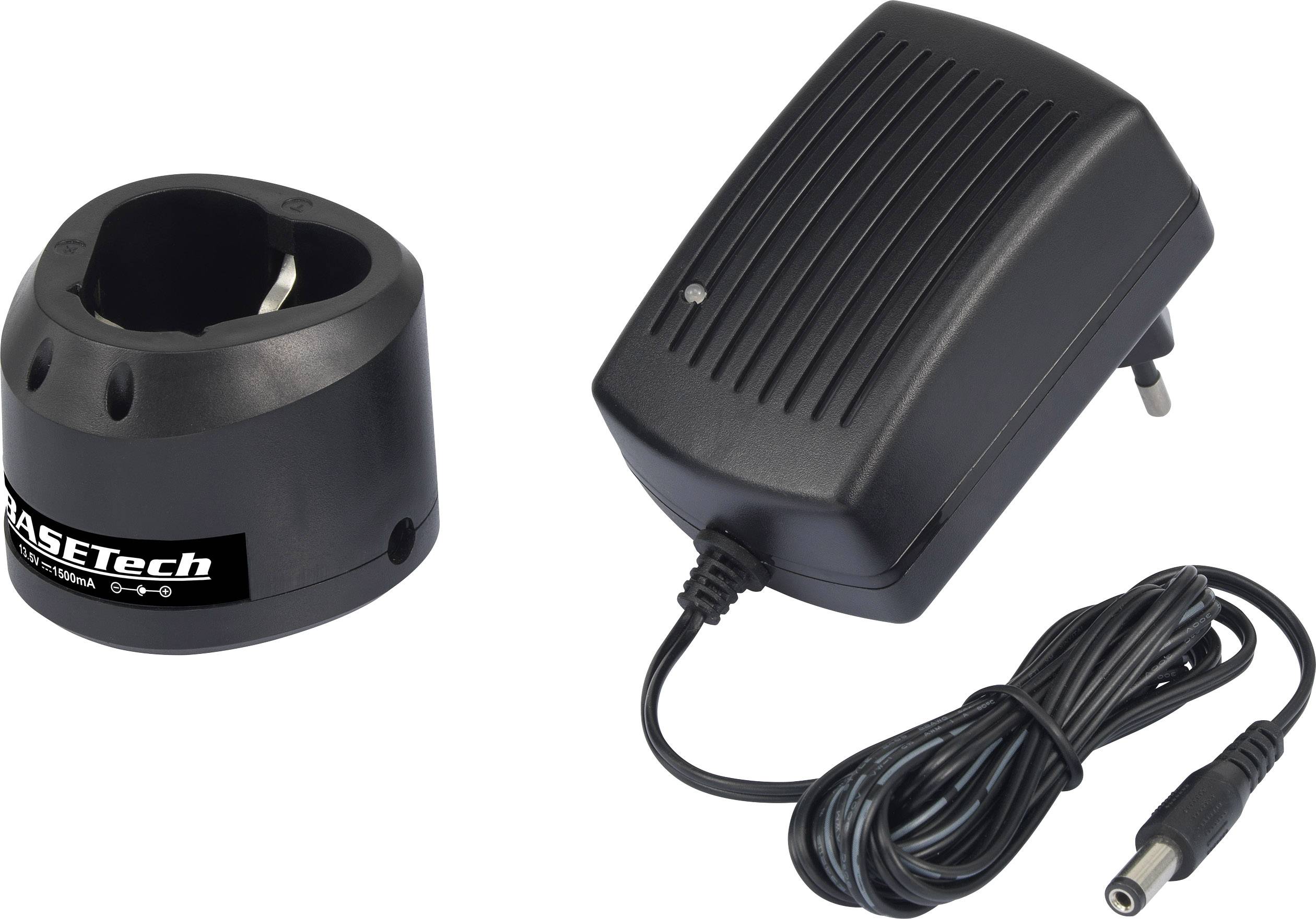 Charger and charging station by ESETech. The charger has a detachable cable. The charging station is black with a brand logo.