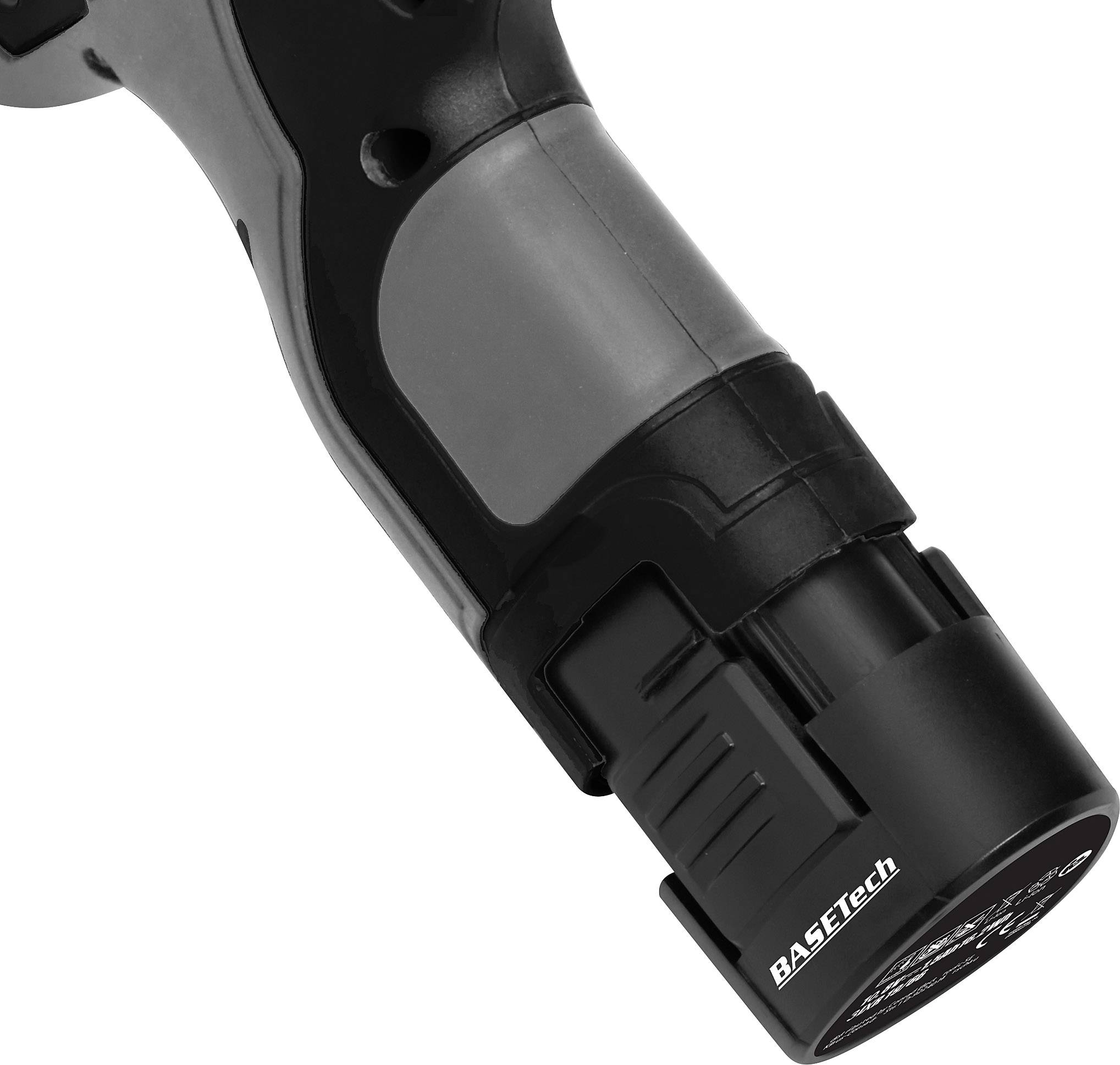 A close-up of an electric drill driver, focusing on the handle and the 'BASETech' logo on the battery.