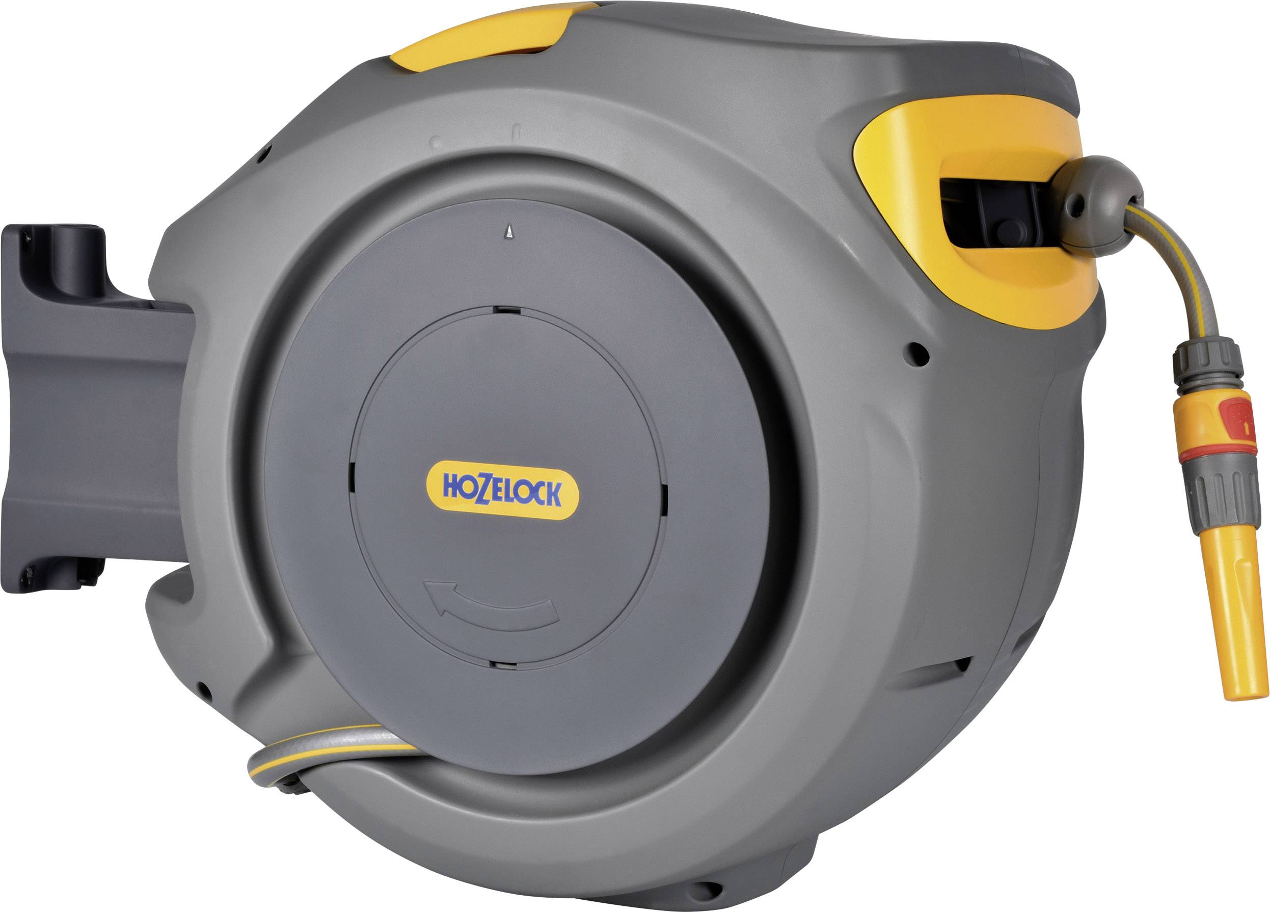 Grey automatic garden hose reel with yellow accents, suitable for wall mounting, hose is partially visible.