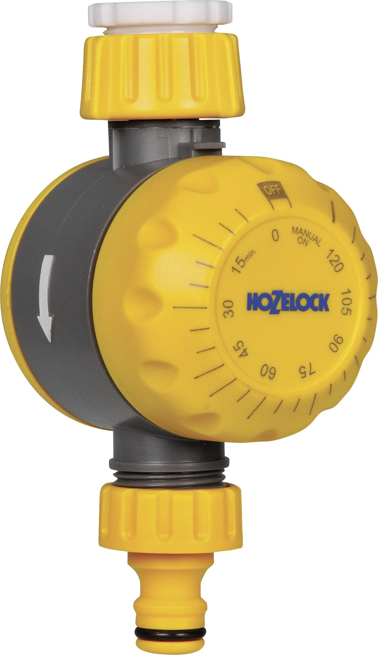 Yellow irrigation timer with a scale from 0 to 120 minutes. 'Hozelock' brand name on the front, arrow indicating direction.