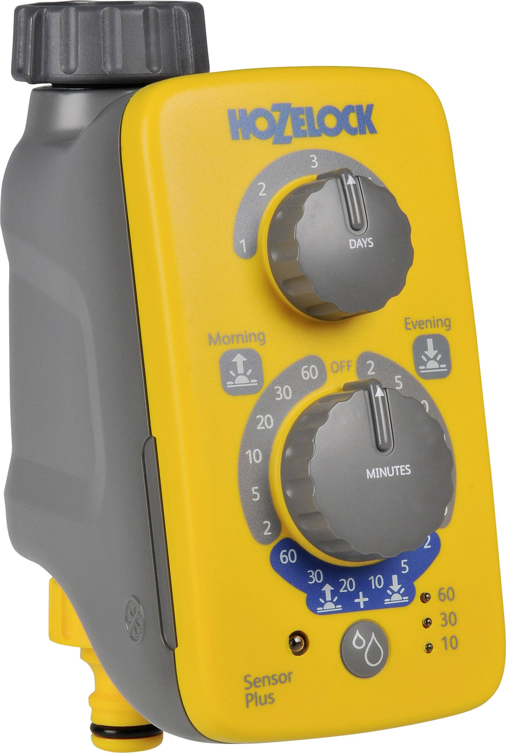 Yellow irrigation control device with two rotary knobs for days and minutes. Brand name at the top. Symbols for morning and evening watering.