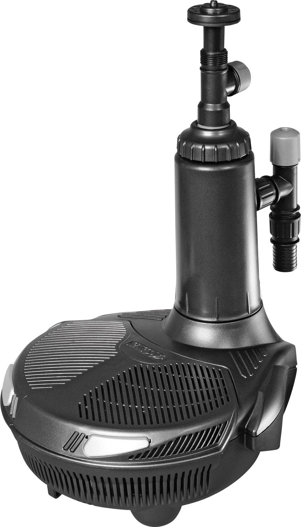 A black fountain pump with a vertical inlet pipe and circular base, suitable for ponds or water gardens.