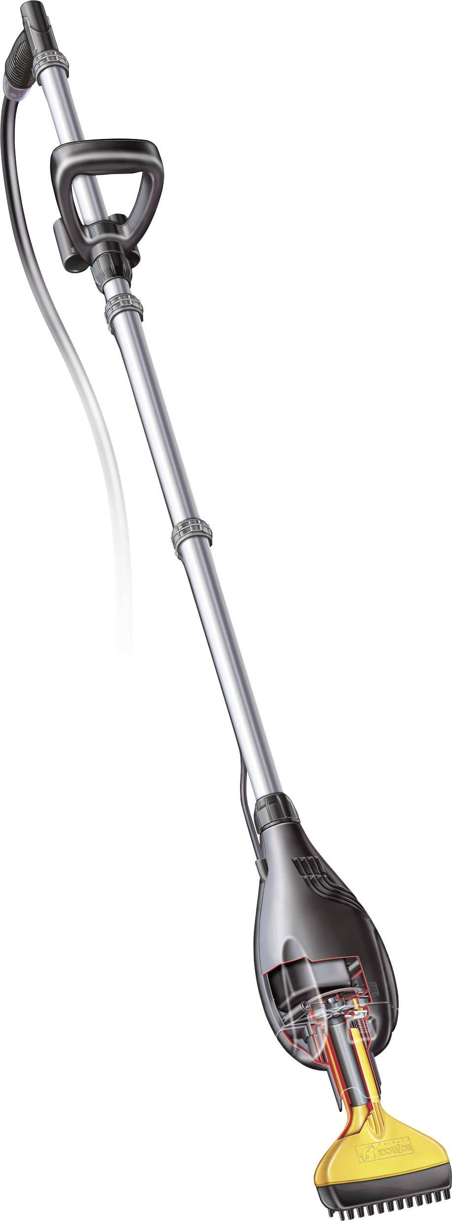 High-pressure washer in silver and black with an ergonomic handle, long extension rod, and yellow high-pressure nozzle attachment.