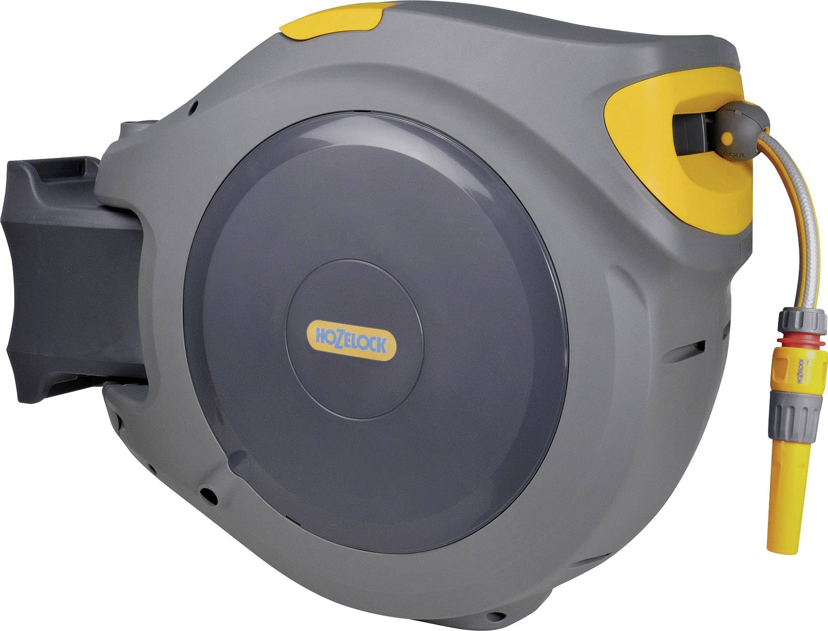 Grey garden hose reel with yellow accents, wall-mounted, automatic retraction, connected water hose.