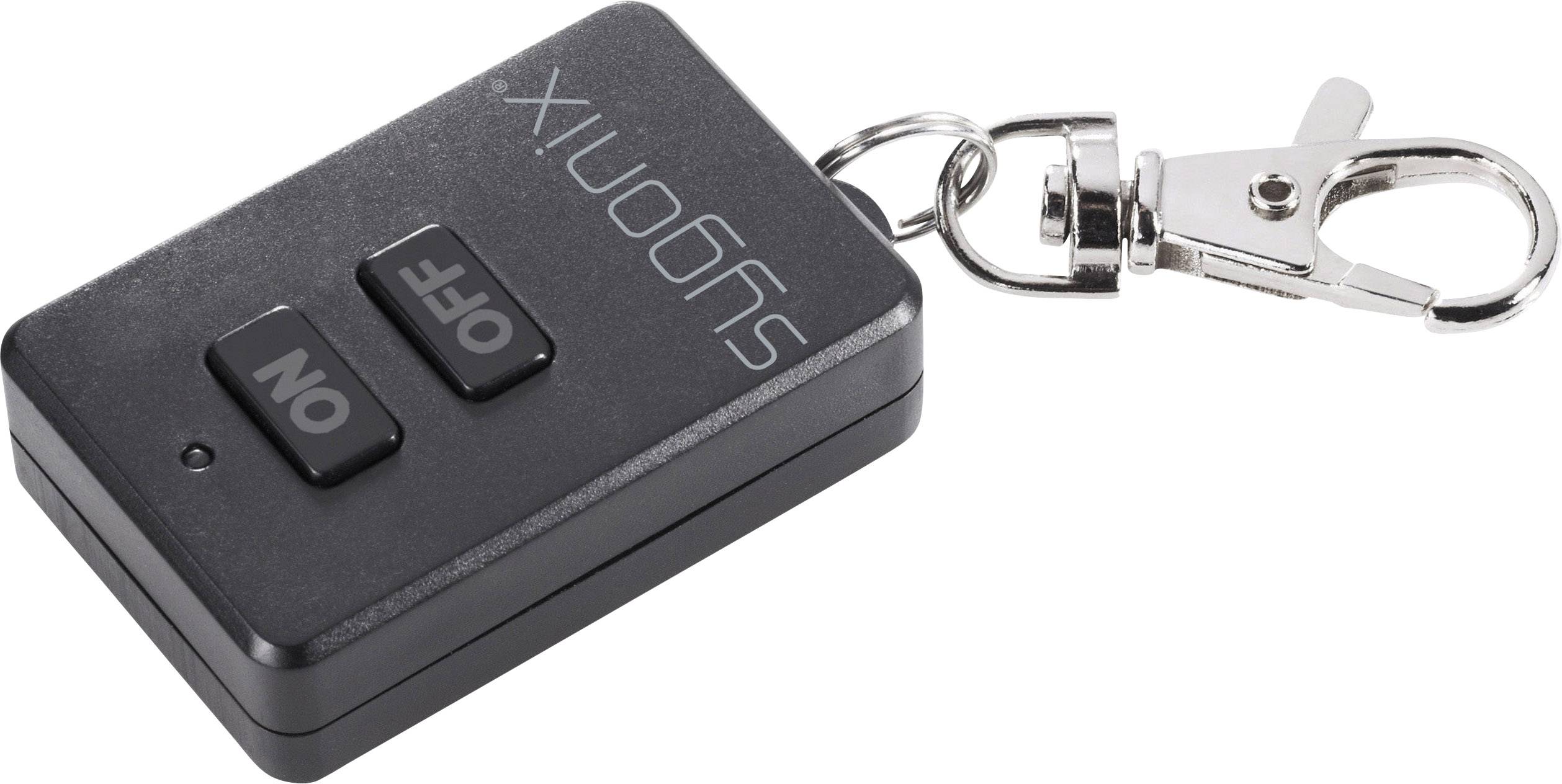 Black key fob with 'ON' and 'OFF' buttons and carabiner clip, with brand name printed. Used for remote control.