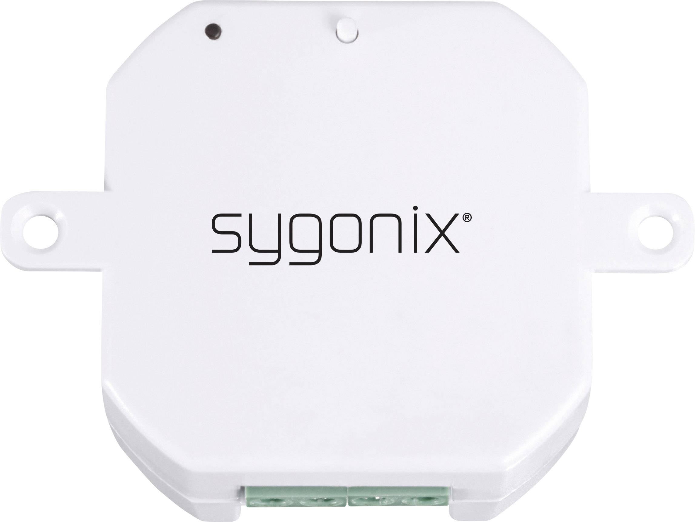 A white, square Sygonix sensor housing with two side mounting holes.