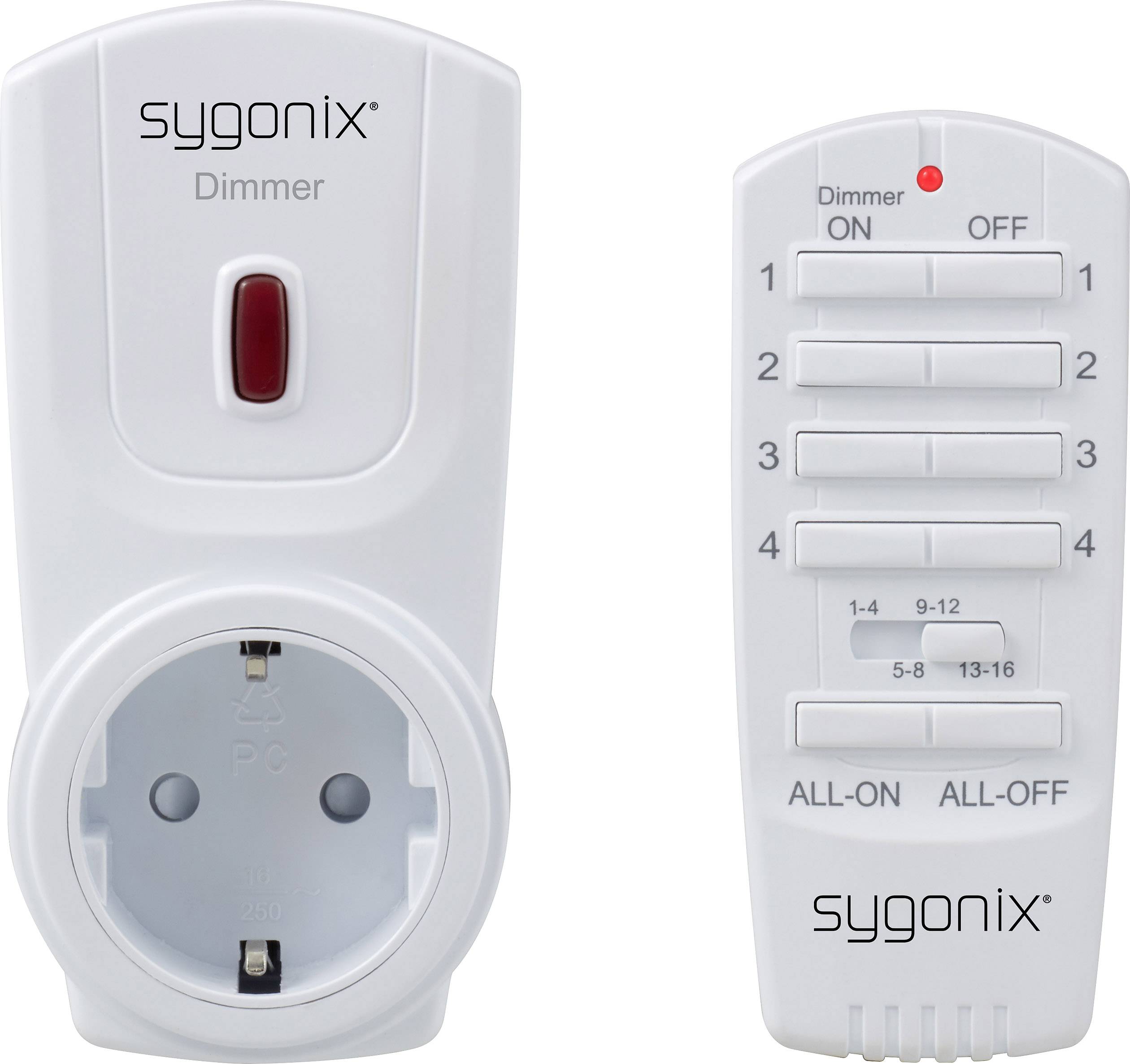 Socket dimmer by Sygonix with remote control. Left: Socket with red switch, right: Remote control with six buttons.