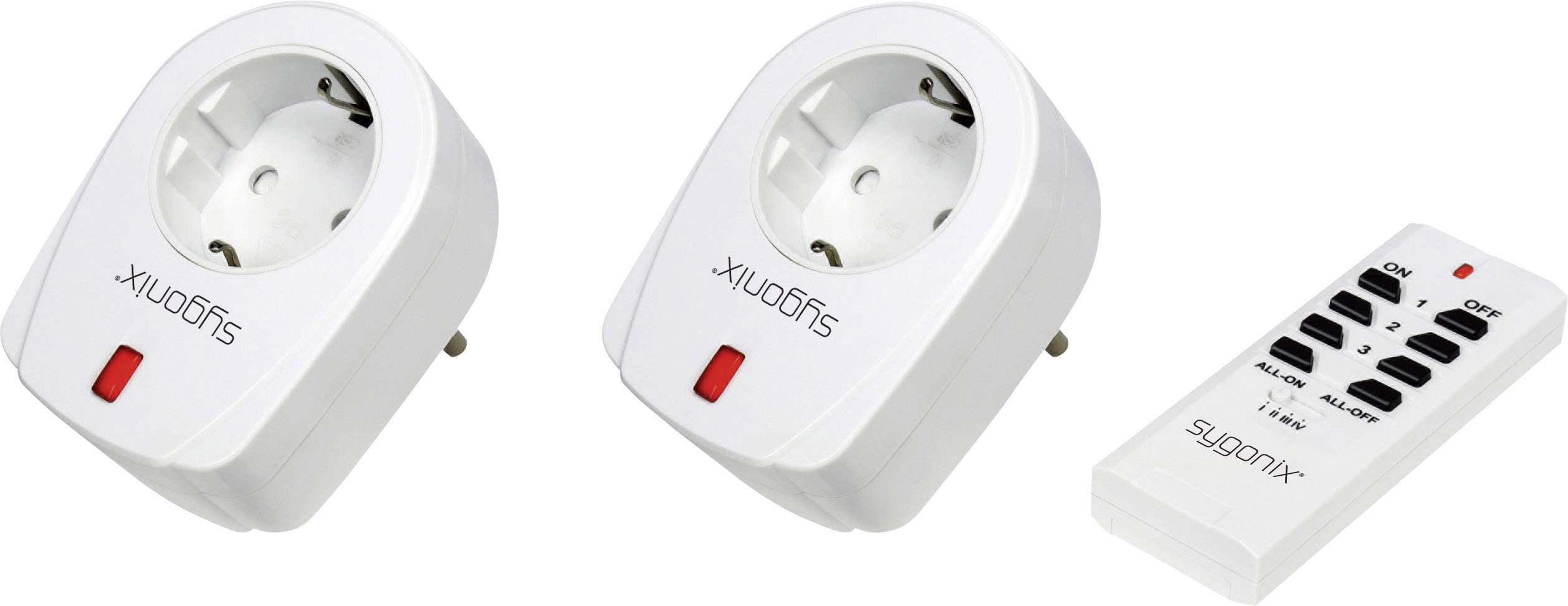 Two white radio socket adapters and a remote control with black buttons. Adapters have a red LED indicator.