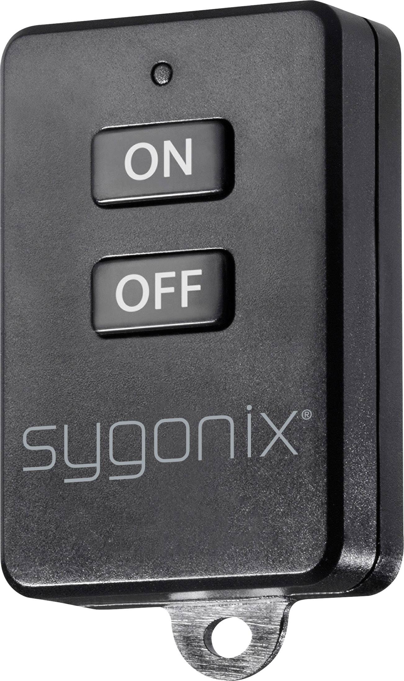 Black remote control with two buttons: 'ON' and 'OFF'. Brand name 'sygonix' at the bottom. Suitable for controlling electronic devices.