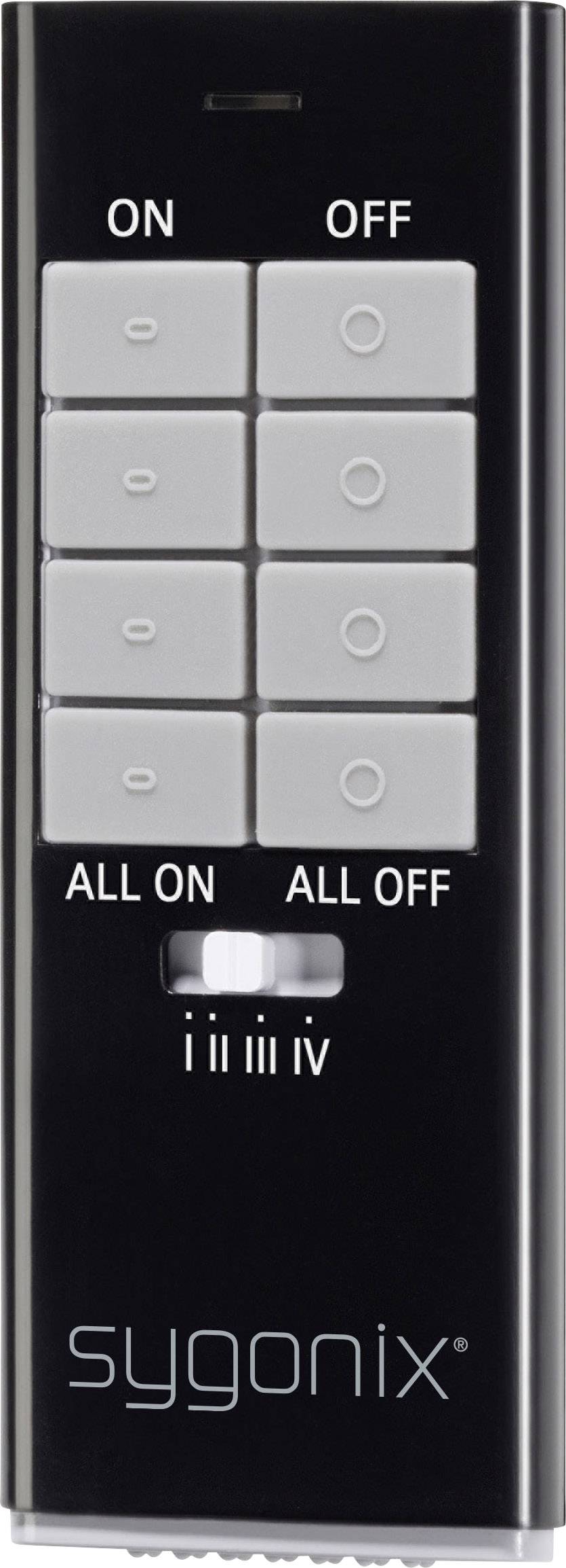 A black remote control with a 'sygonix' brand print. At the top, there are two buttons 'ON' and 'OFF'. Underneath are eight numbered function buttons. At the bottom, a switch for 'ALL ON' and 'ALL OFF'.