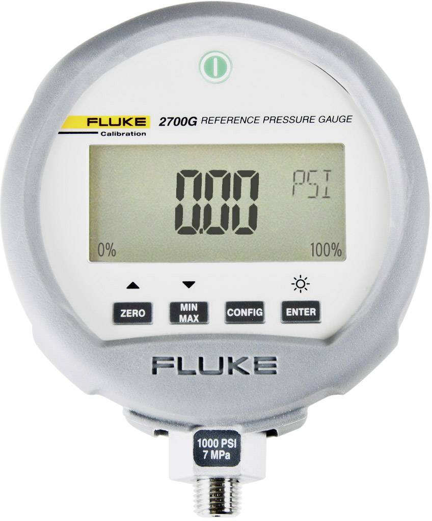 A digital pressure gauge displays '0.00 PSI' on a grey display. Brand name and model number at the top, buttons below for configuration.