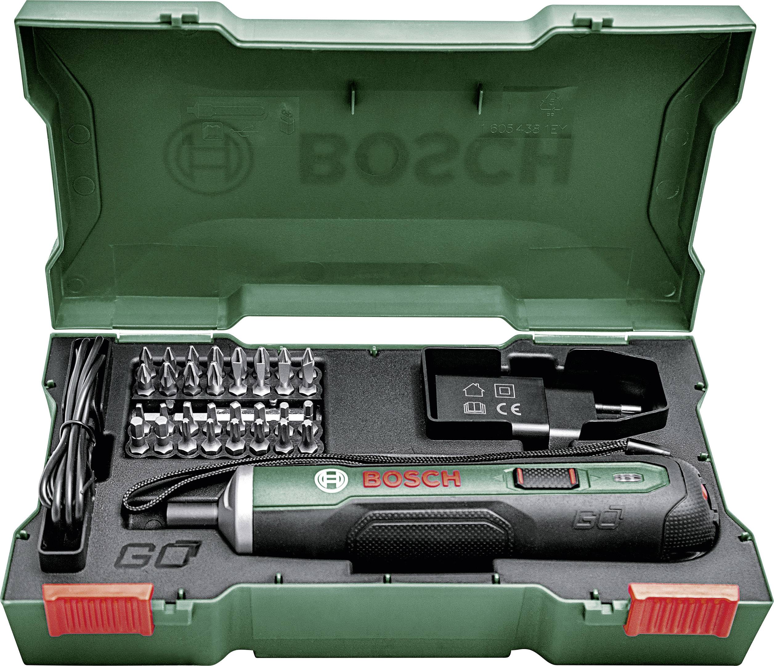 Green Bosch cordless screwdriver in an opened plastic case, surrounded by screwdriver bits and charger.