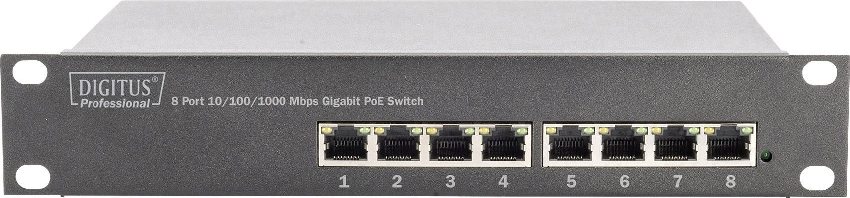 An 8-port Gigabit PoE switch with speeds of 10/100/1000 Mbps. Device is from the Digitus Professional brand.