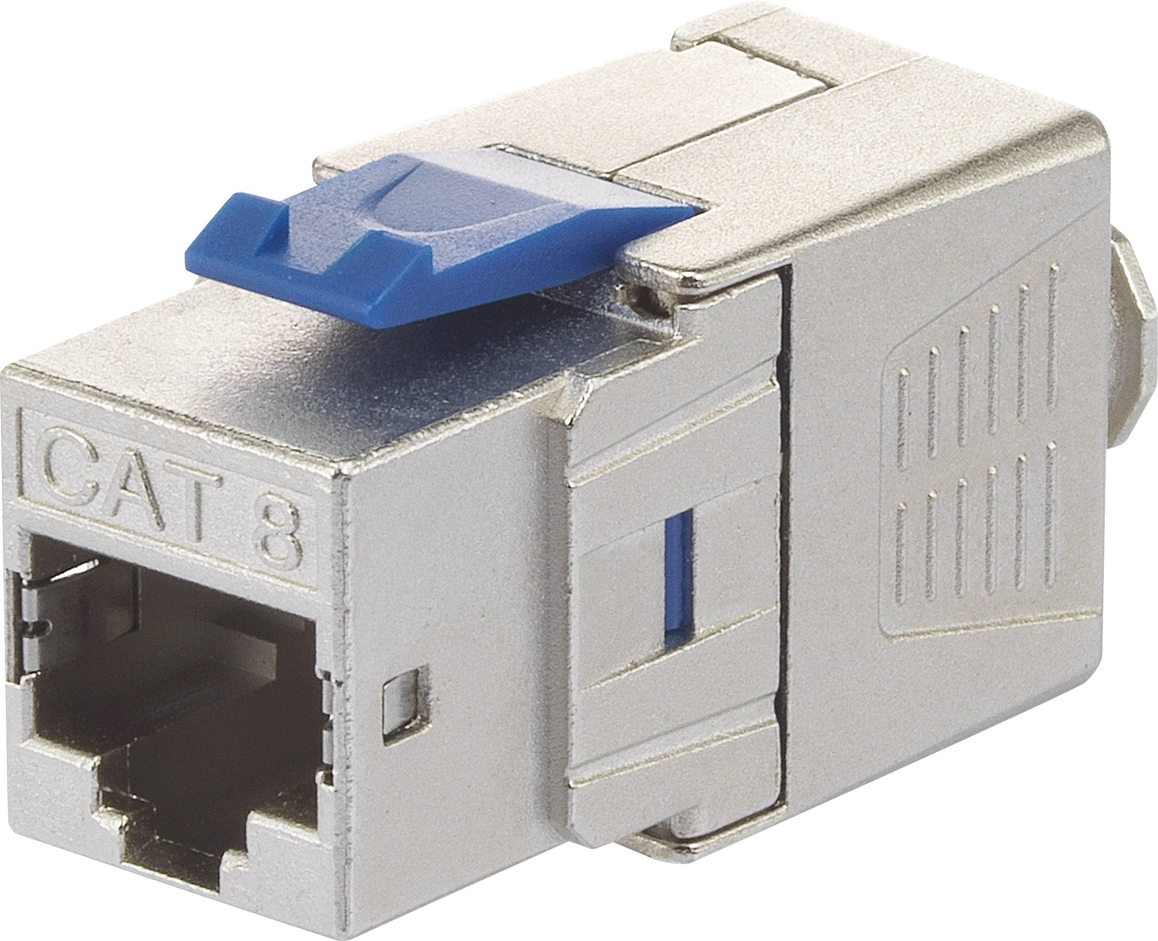A silver CAT 8 network connector with a blue lock, suitable for high-speed Ethernet connections.