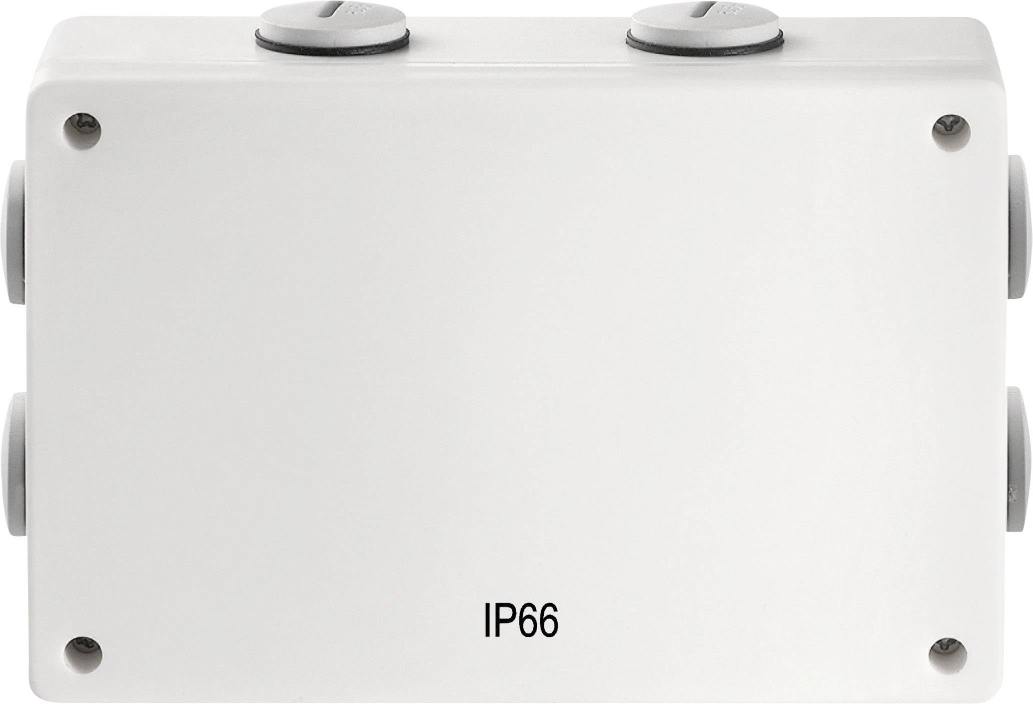 A rectangular, white enclosure with the marking 'IP66', suitable for outdoor use, demonstrates protection against dust and powerful water jets.