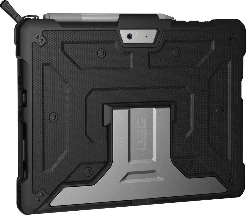 Tablet in a robust protective case with a stand. The case has a structured design and provides shock protection.