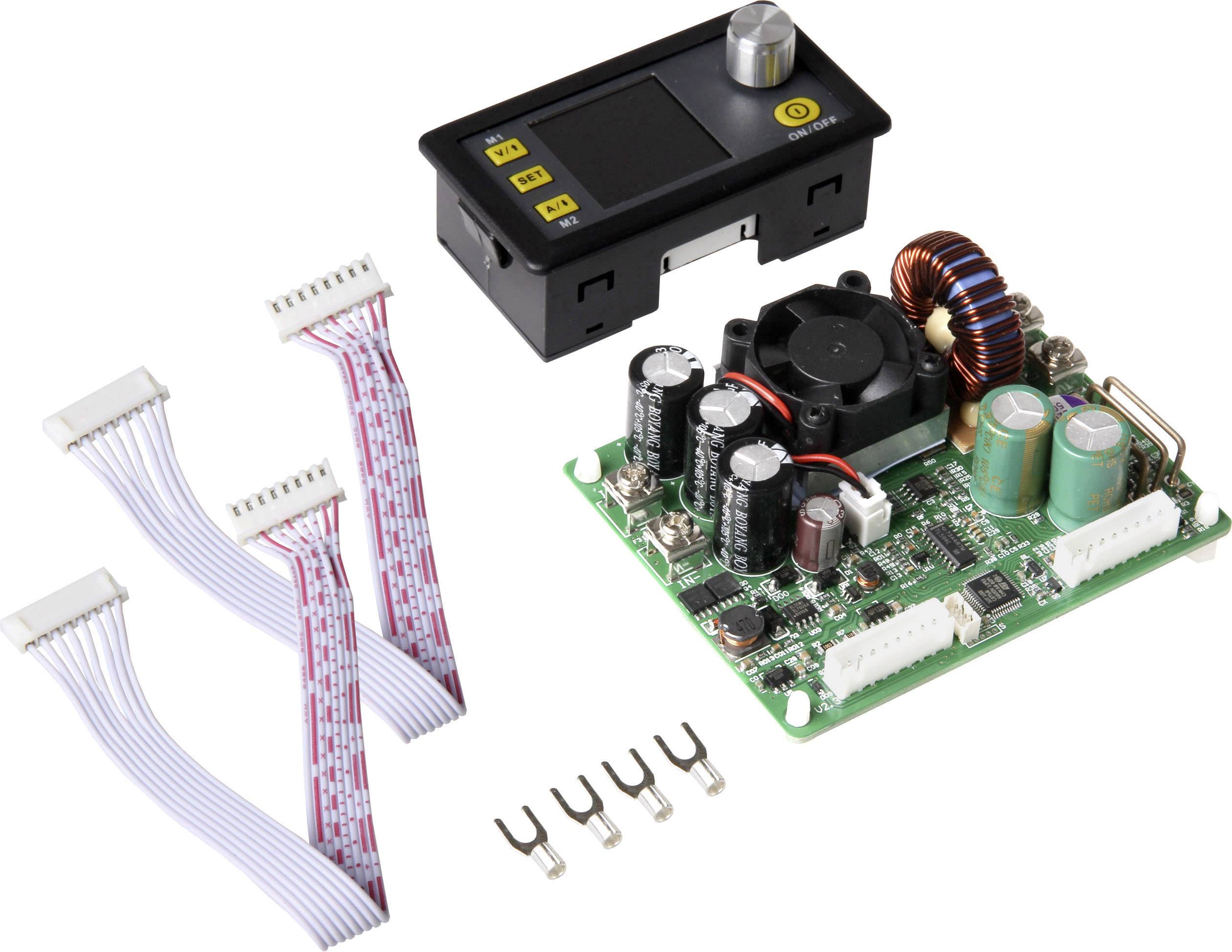 Electronic circuit with printed circuit board, fan, coils and capacitors. Control unit and cables included, for technical applications.