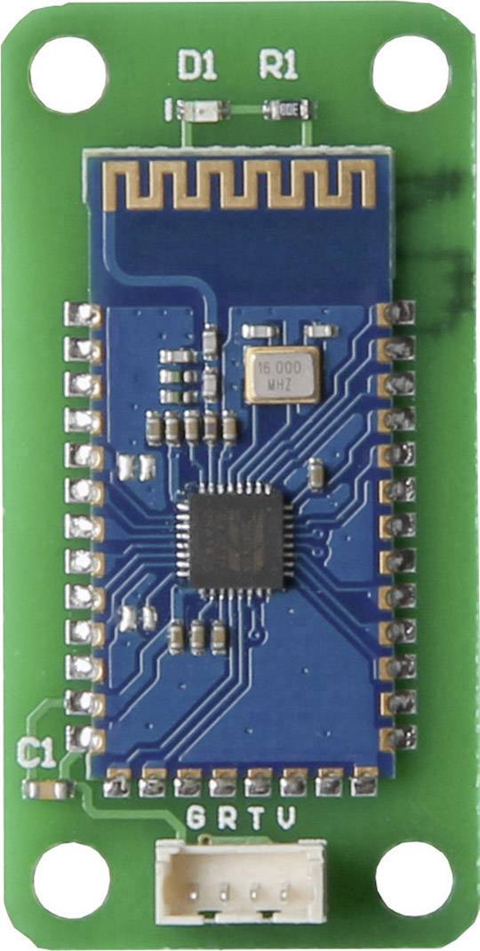A small green circuit board with a blue module on the top surface. Labels: 'D1', 'R1', 'C1' and 'GRTU'.