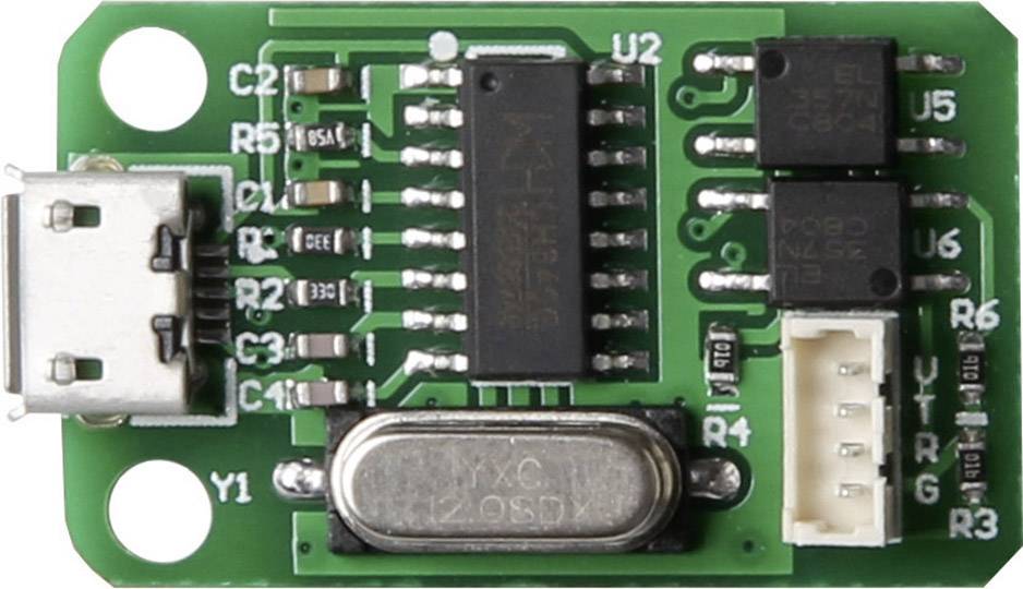 Green electronic circuit board with multiple chips, a USB port and a white connector. Used for connection and process control.