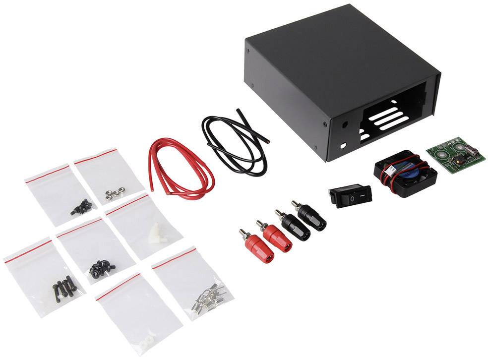Electronic Kit: Contains a black enclosure, cables, switches, circuit board, connectors, and mounting hardware in bags.