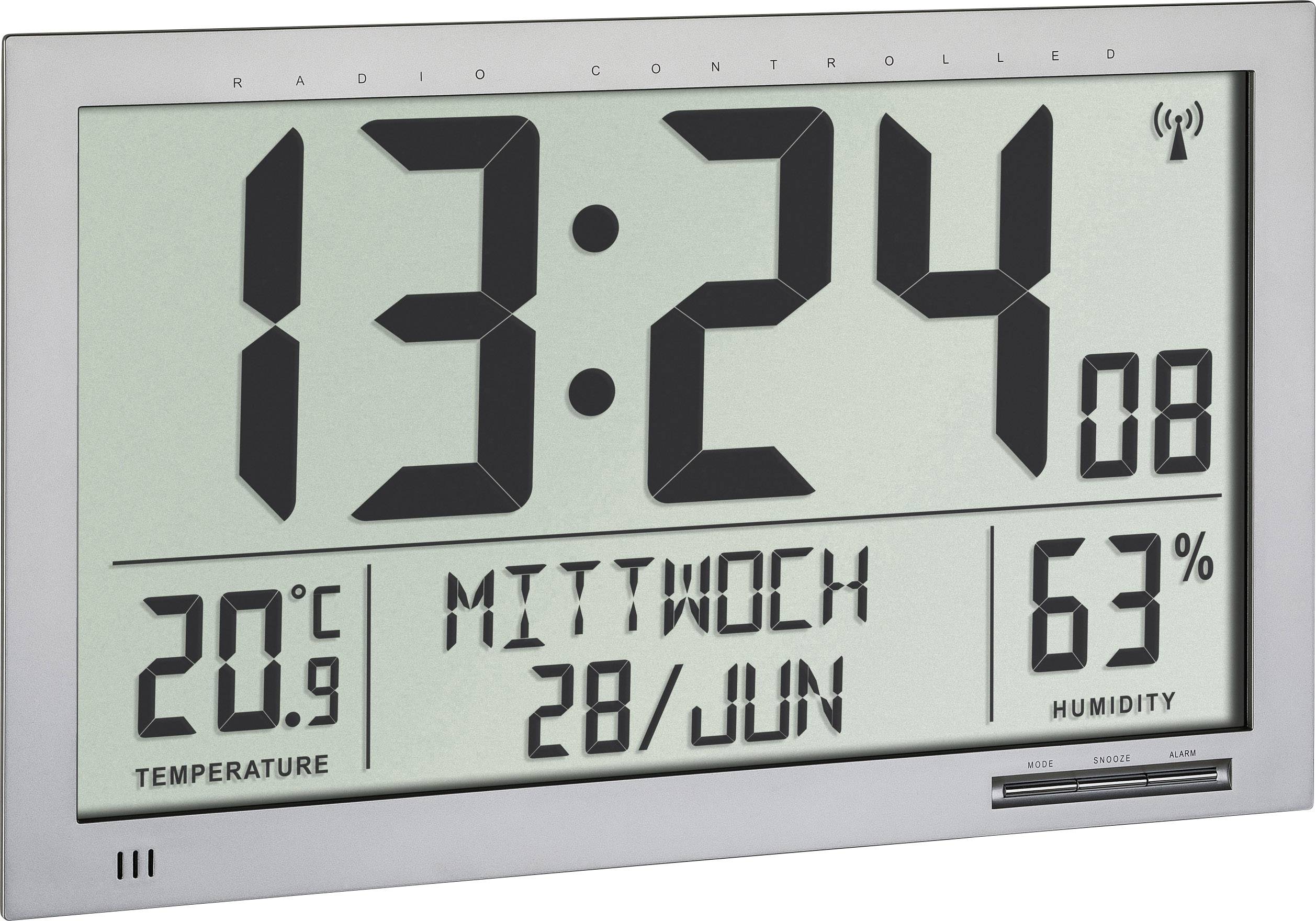 Digital wall clock shows the time '13:24', date 'Wednesday 28 June', temperature '20.9°C' and humidity '63%'.
