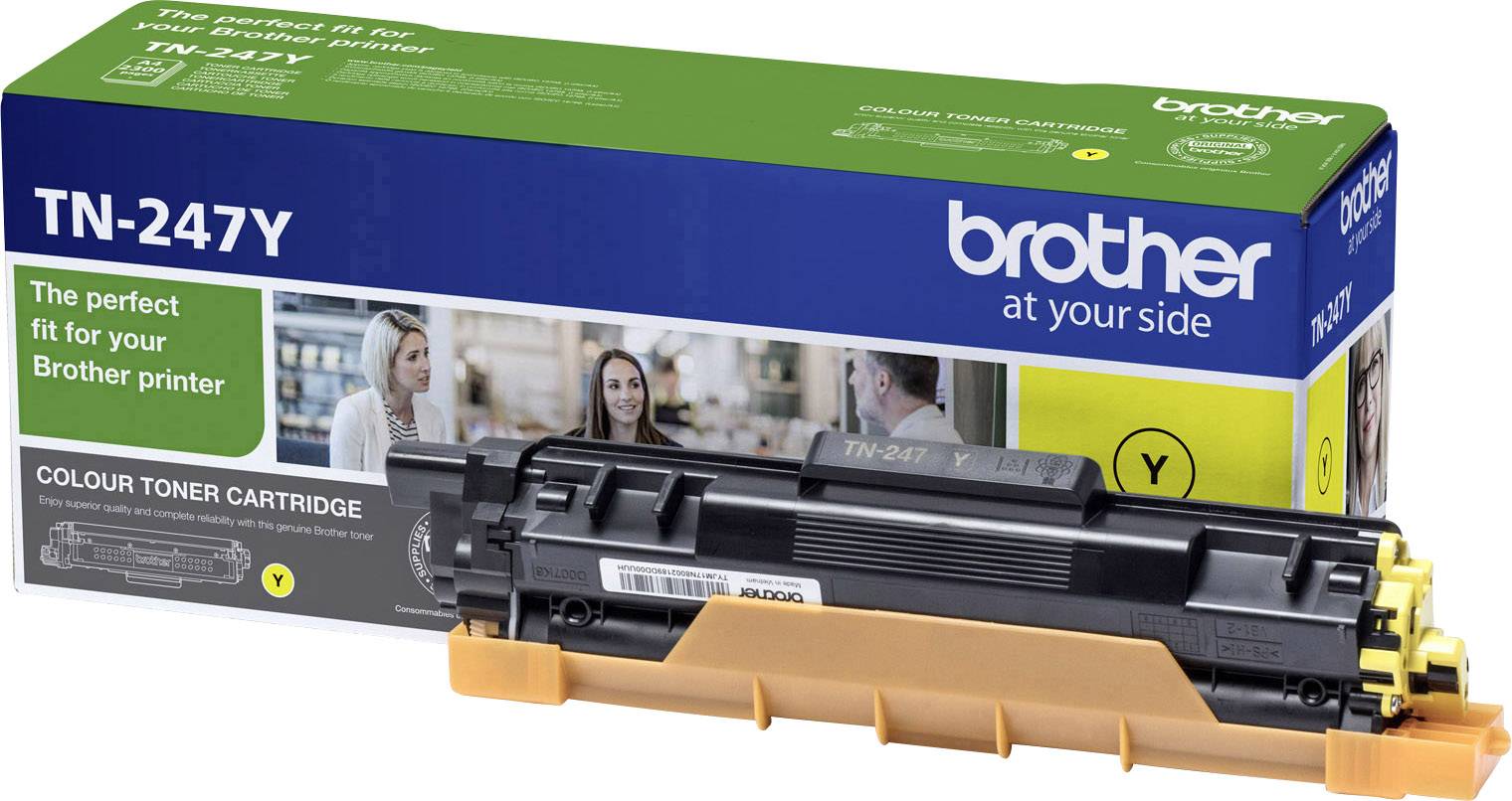The image shows a Brother TN-247Y yellow toner cartridge with packaging, suitable for Brother printers.