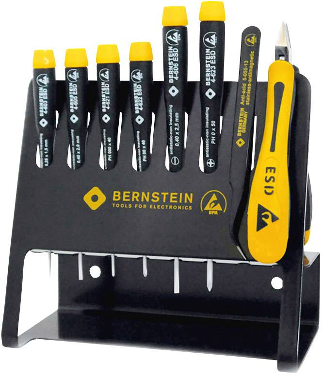 A set of fine precision tools, including six screwdrivers and a pair of tweezers, sits in a holder marked 'Bernstein Tools for Electronics'.