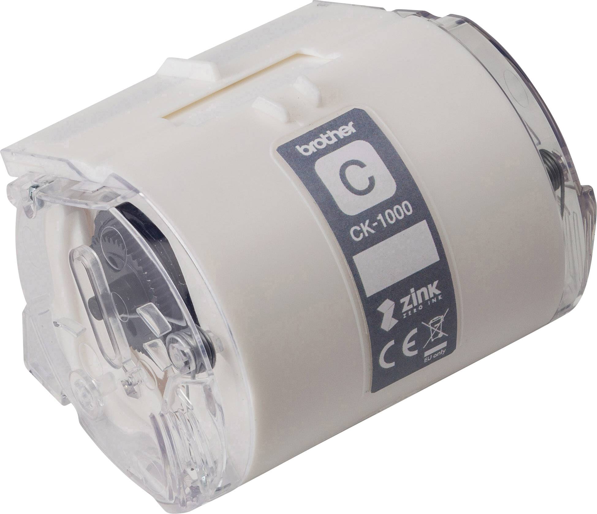 A white Brother CK-1000 label cartridge roll insert with Zinc technology is shown, suitable for printers.