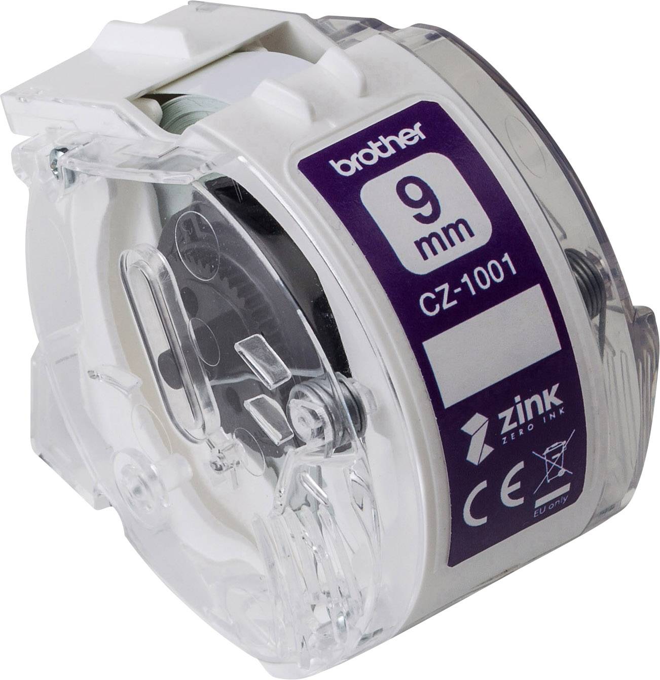 Brother TZe-Ribbon Cassette CZ-1001, 9 mm, with Zinc Zero Ink Technology, suitable for printers. Rectangular cassette, white-purple label.