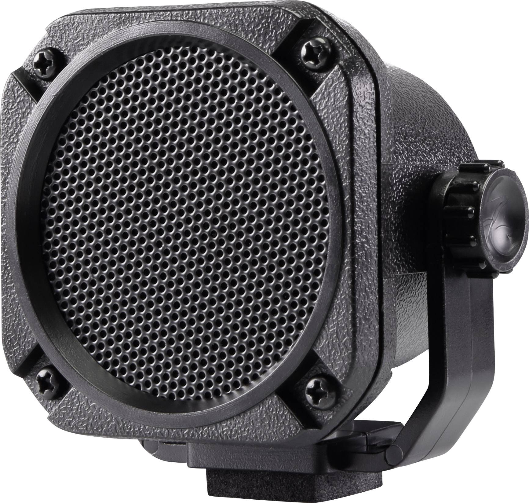 A black speaker with a metal grille on the front, mounted on an adjustable stand.