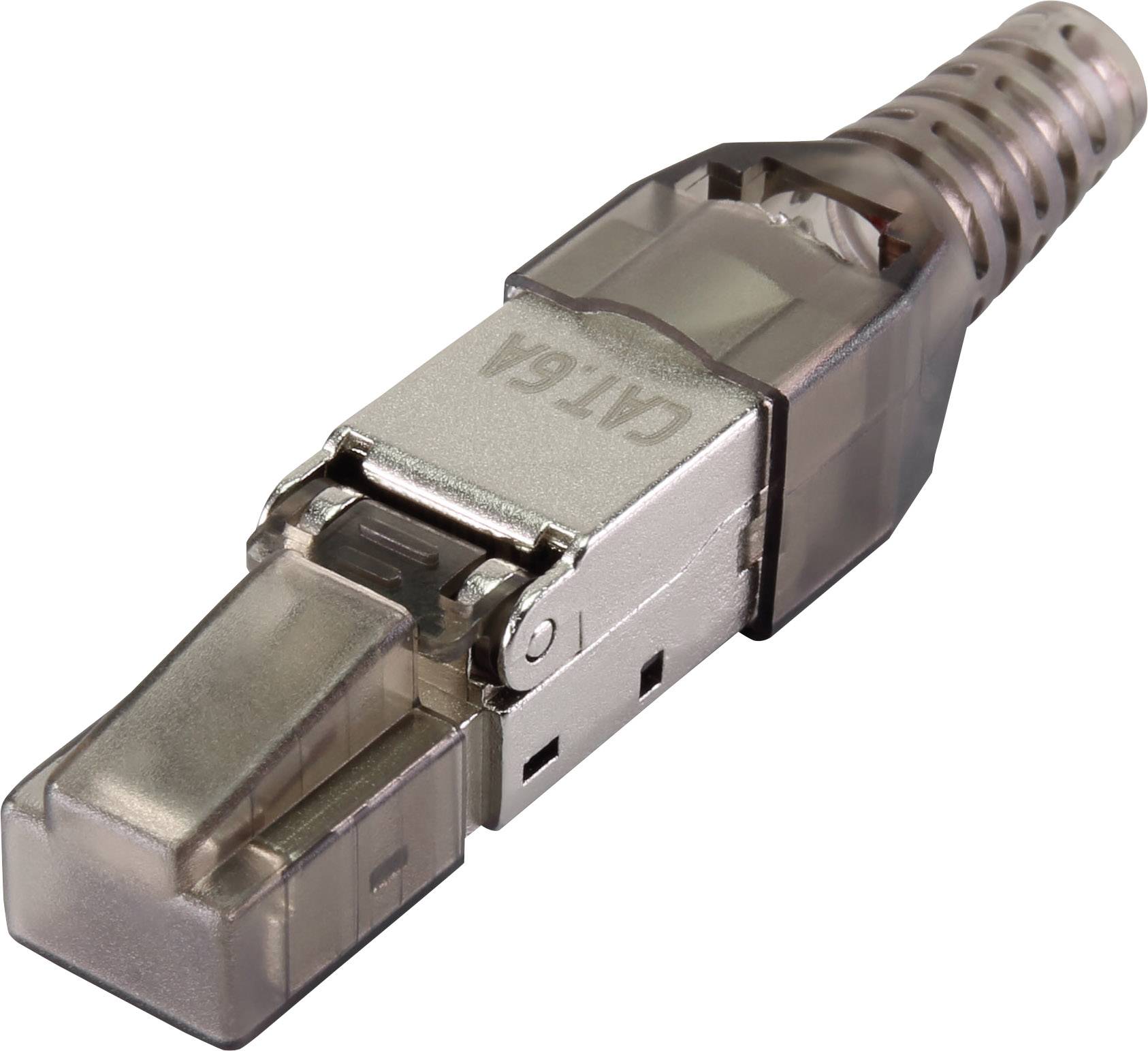 Close-up of a Cat6a Ethernet plug with a transparent casing, suitable for Gigabit networks and high data transfer rates.