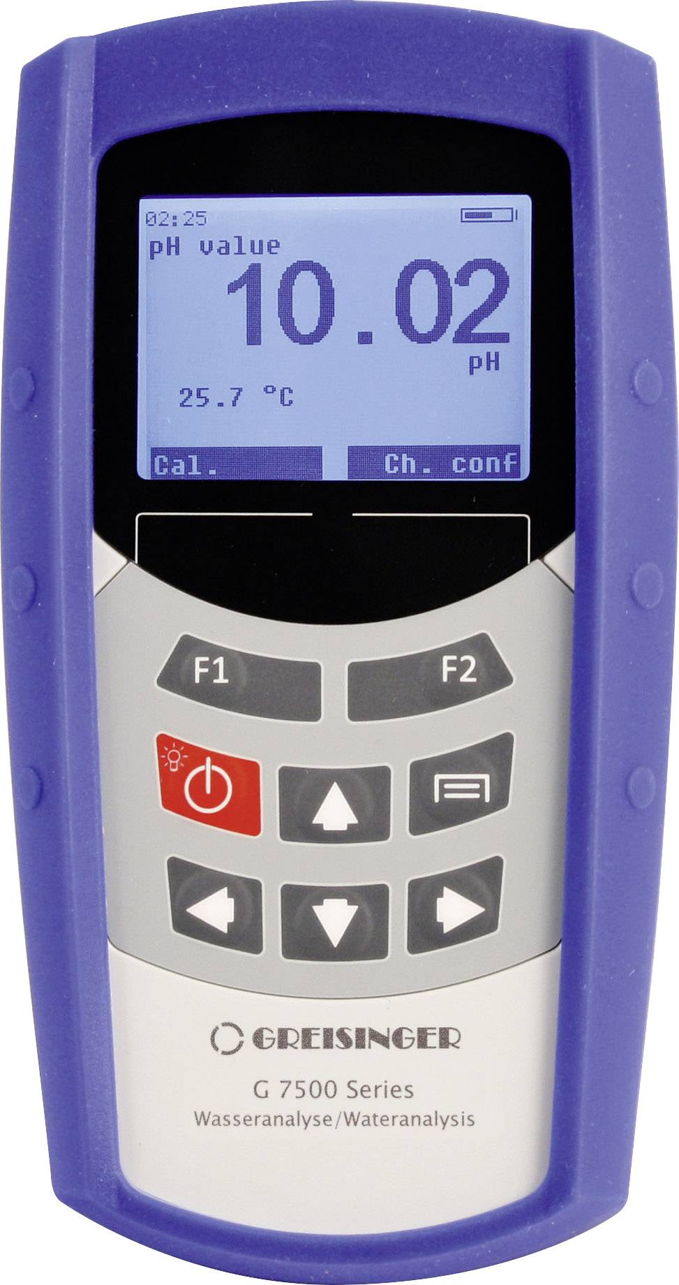 Handheld pH metre with blue casing. Display shows 'pH value 10.02' and '25.7 °C'. Control buttons located below.