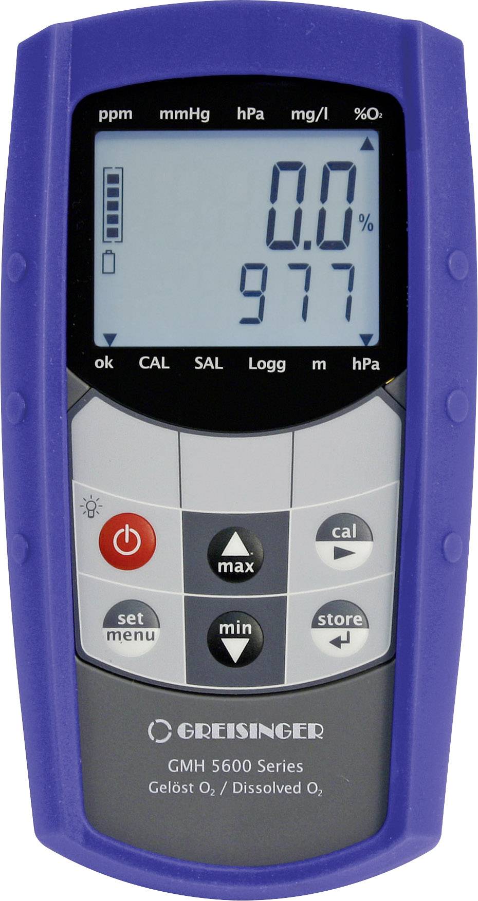 A digital measuring device for determining dissolved oxygen content in liquids, displays '0.0%' and '977' on its screen.