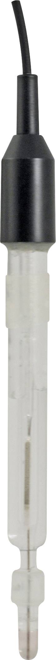 A sensor with a black, cylindrical head and transparent shaft, used for measurements. A cable is attached at the top.