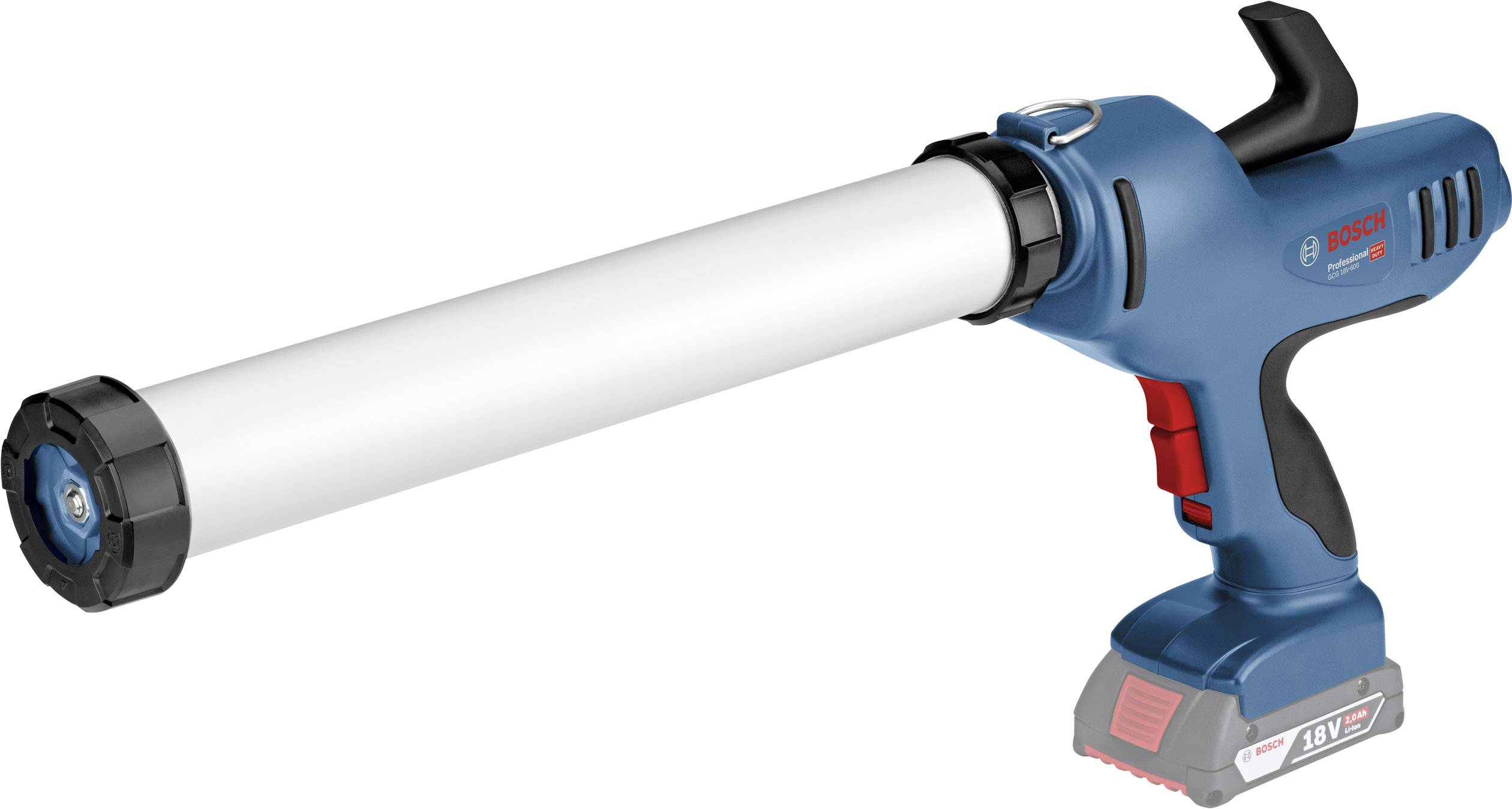 Wireless cartridge gun in blue with ergonomic handle and 18V battery, suitable for precise application of sealants.