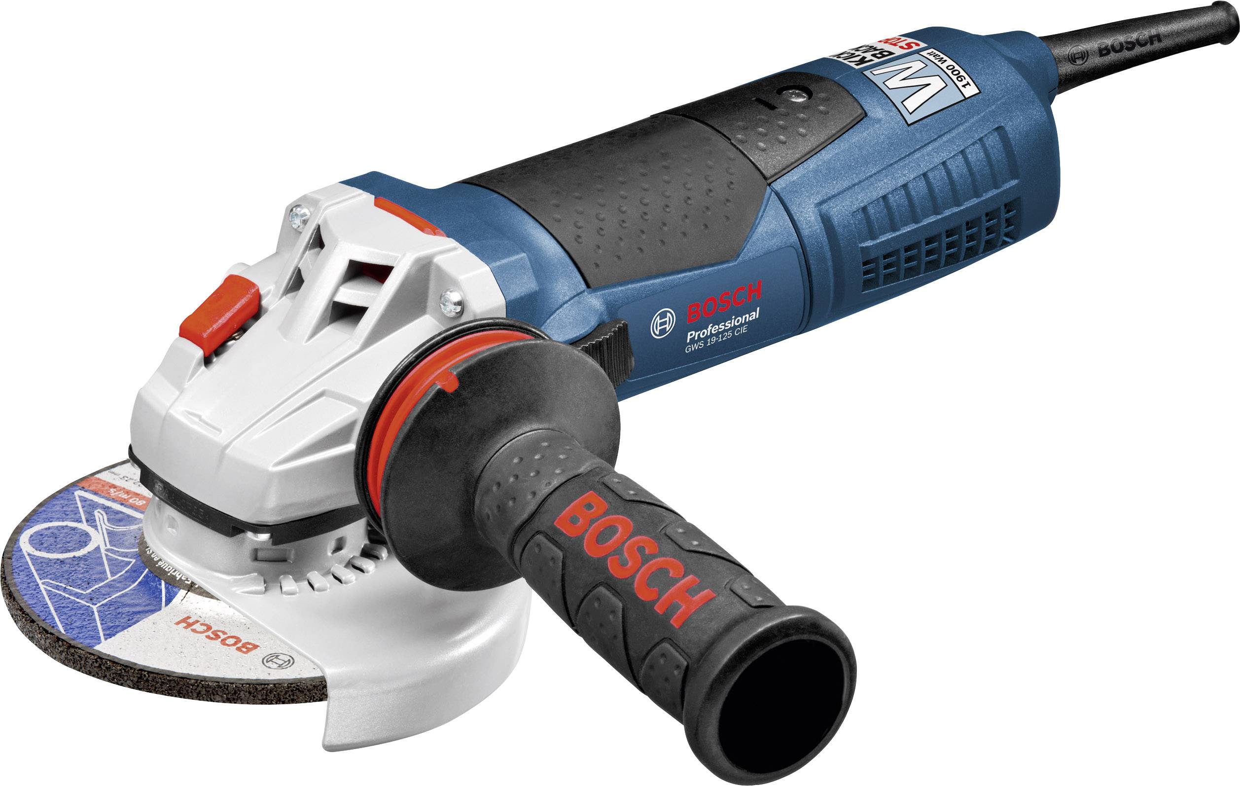 Bosch electric power tool, an angle grinder. Suitable for grinding and cutting work. Blue and black colour scheme with a red switch.