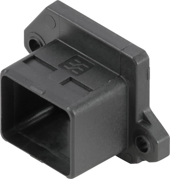A black, rectangular plastic component with mounting holes, possibly an electrical connector or sensor.