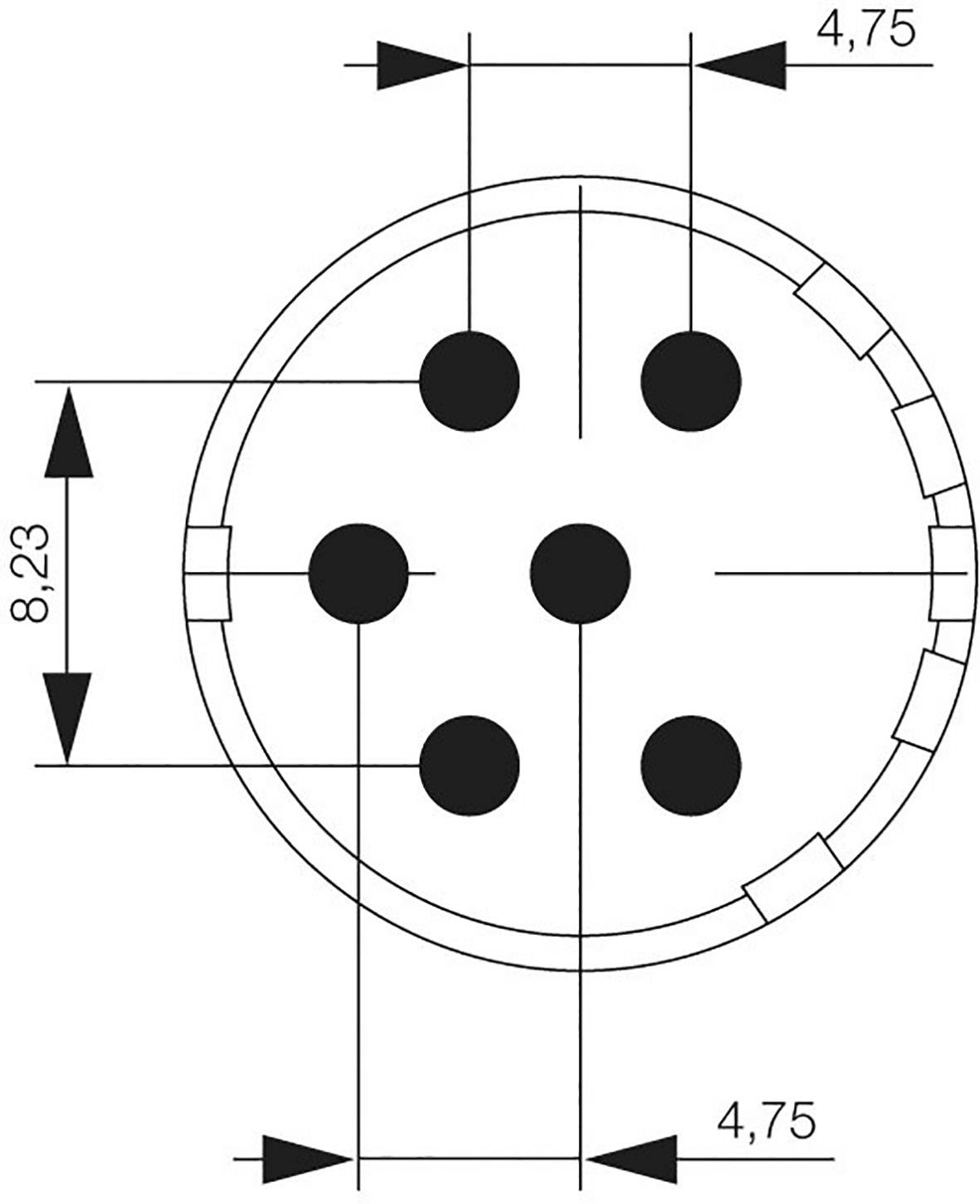 Technical drawing of a round plug with five contacts arranged in a circular pattern. Dimensions: diameter 8.23 mm, spacing 4.75 mm.