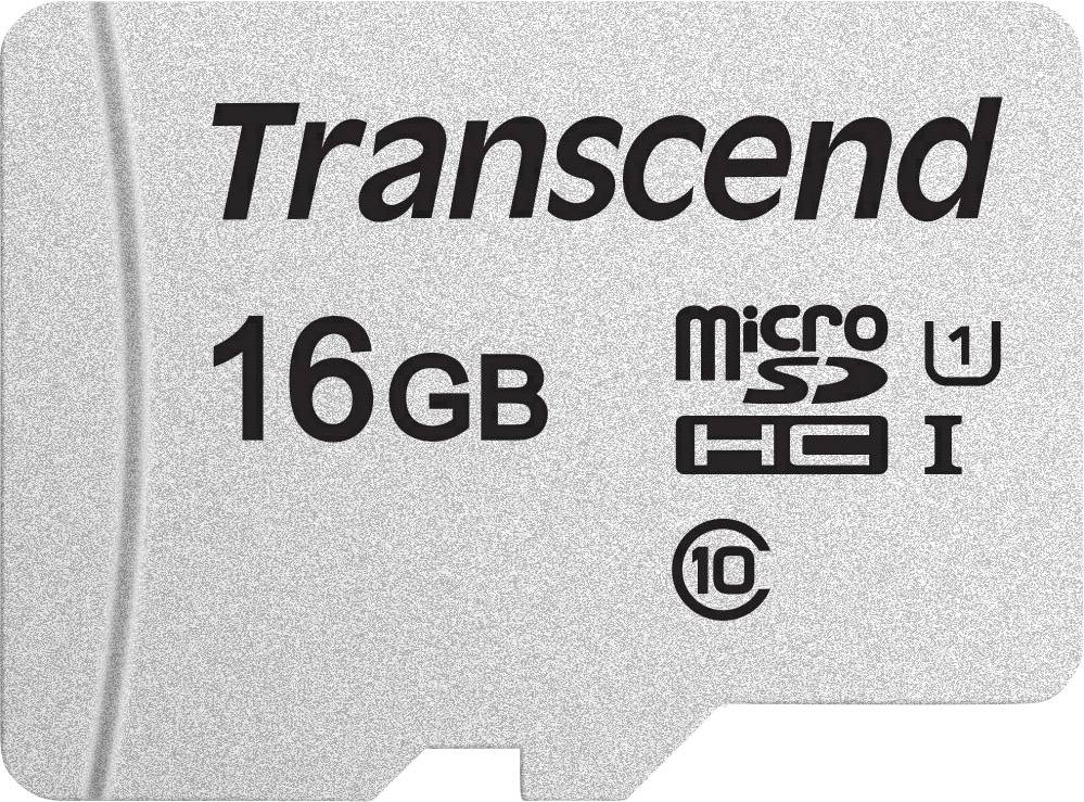 A silver Transcend microSDHC card with 16 GB storage capacity, U1 class and speed class 10.