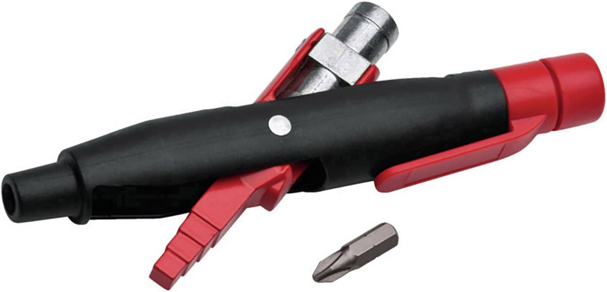 Pneumatic screwdriver with a red lever, black handle, and metallic attachment. A screwdriver attachment lies beside it.