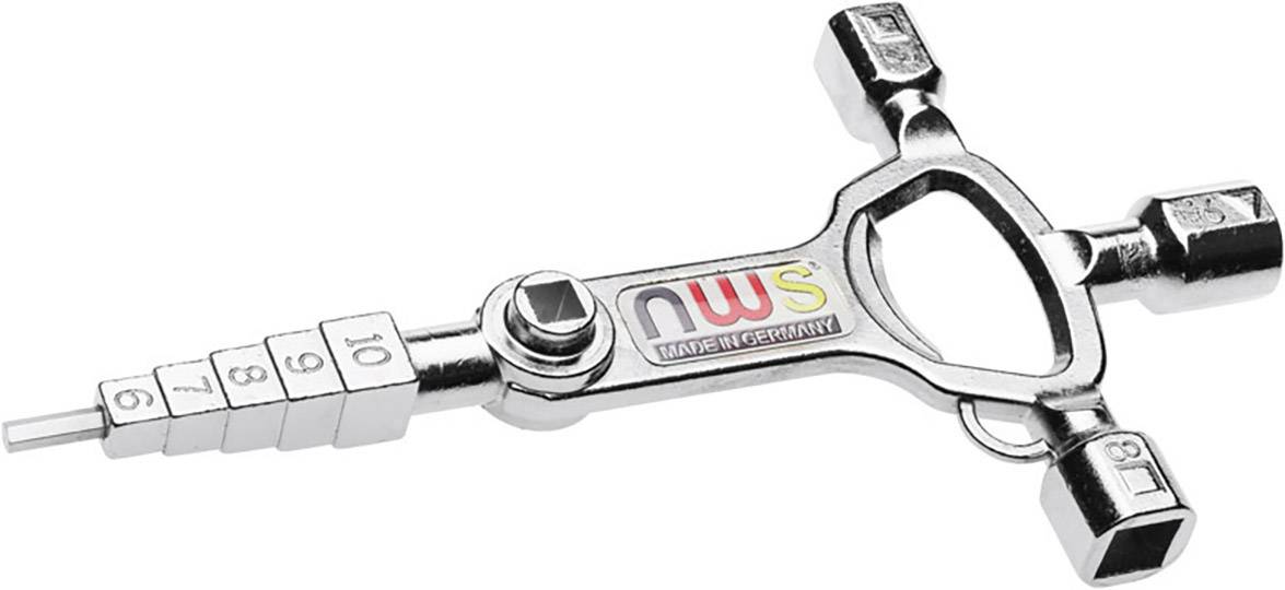 A multifunctional house key with four removable inserts for different screw and valve types.