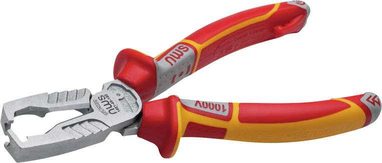 A red and yellow pliers with insulated handles, suitable for electrical work. Brand name and number visible on the handles.