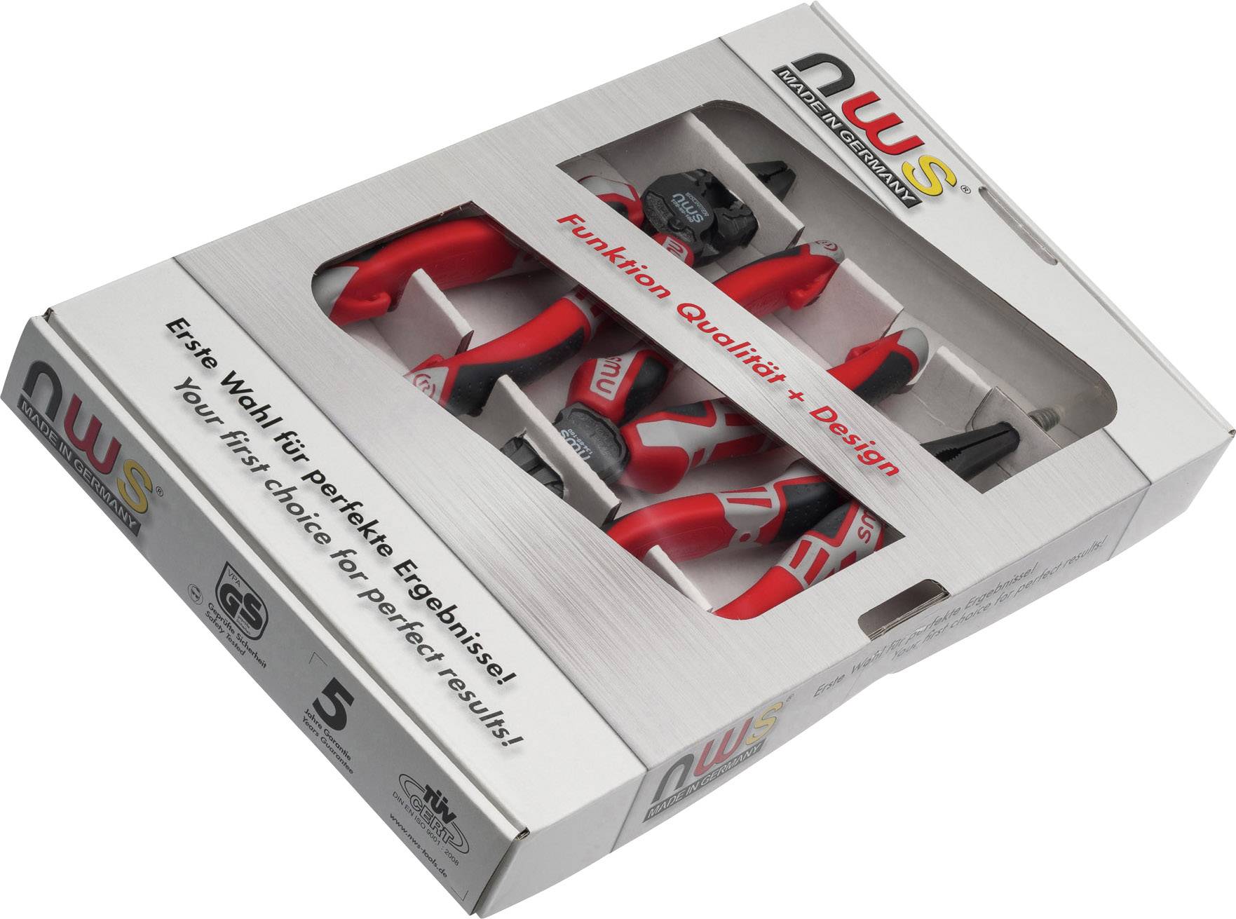 Packaging for a tool set with several red handles, likely pliers. Text reads: 'Function, Quality, Design'.